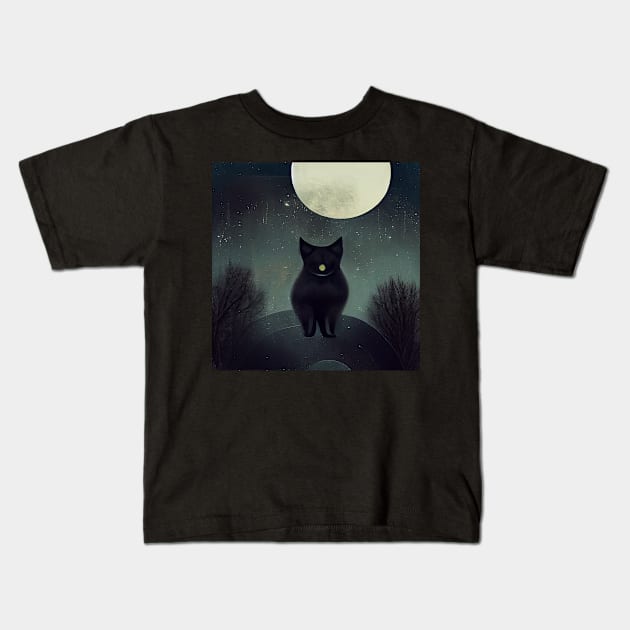 Black Cat Under Moon Abstract Kids T-Shirt by Legendary T-Shirts